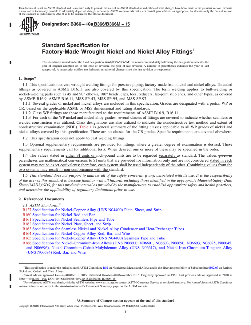 REDLINE ASTM B366/B366M-15 - Standard Specification for Factory-Made Wrought Nickel and Nickel Alloy Fittings