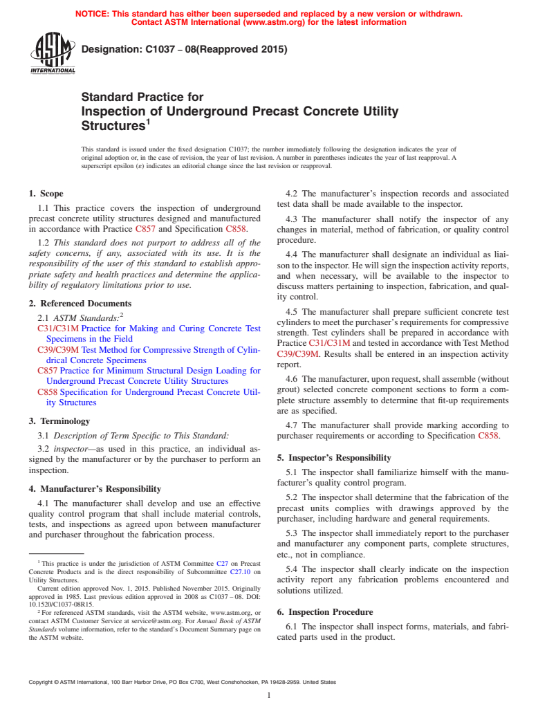 ASTM C1037-08(2015) - Standard Practice for  Inspection of Underground Precast Concrete Utility Structures