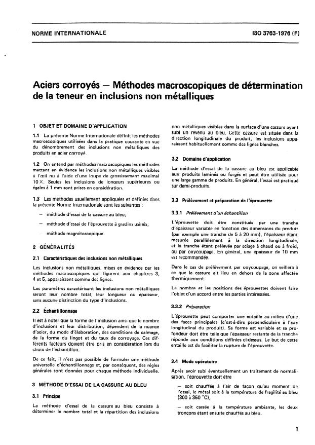ISO 3763:1976 - Aciers corroyés -- Méthodes macroscopiques de détermination de la teneur en inclusions non métalliques