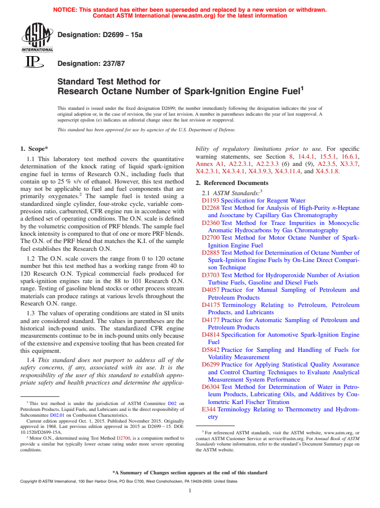 ASTM D2699-15a - Standard Test Method for Research Octane Number of Spark-Ignition Engine Fuel