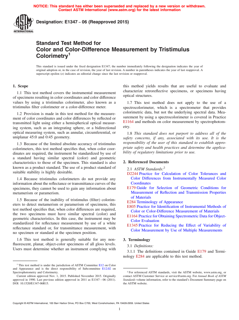 ASTM E1347-06(2015) - Standard Test Method for Color and Color-Difference Measurement by Tristimulus Colorimetry