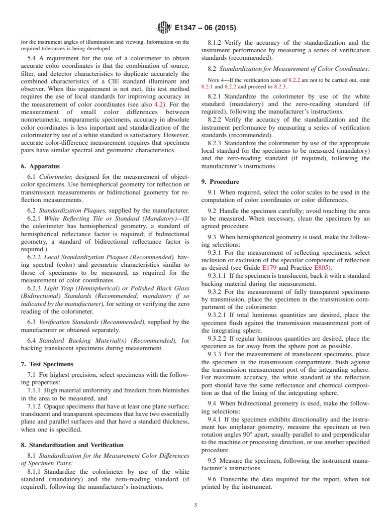 ASTM E1347-06(2015) - Standard Test Method for Color and Color-Difference Measurement by Tristimulus Colorimetry