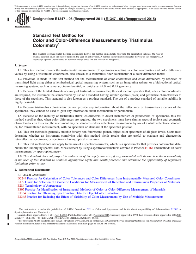 REDLINE ASTM E1347-06(2015) - Standard Test Method for Color and Color-Difference Measurement by Tristimulus Colorimetry