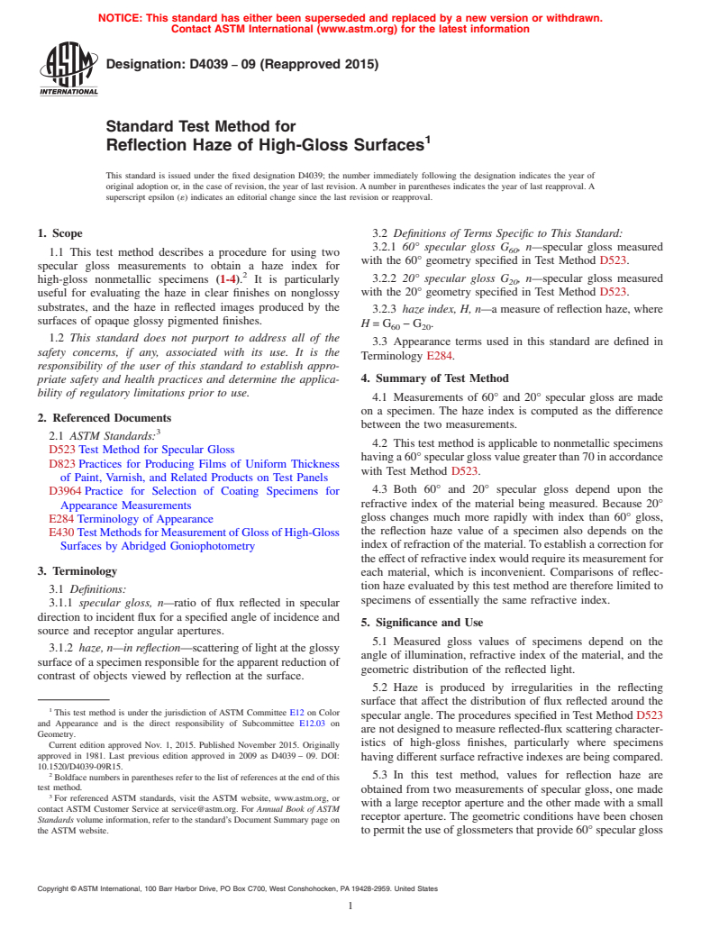 ASTM D4039-09(2015) - Standard Test Method for Reflection Haze of High-Gloss Surfaces