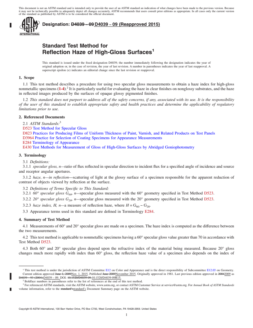 REDLINE ASTM D4039-09(2015) - Standard Test Method for Reflection Haze of High-Gloss Surfaces