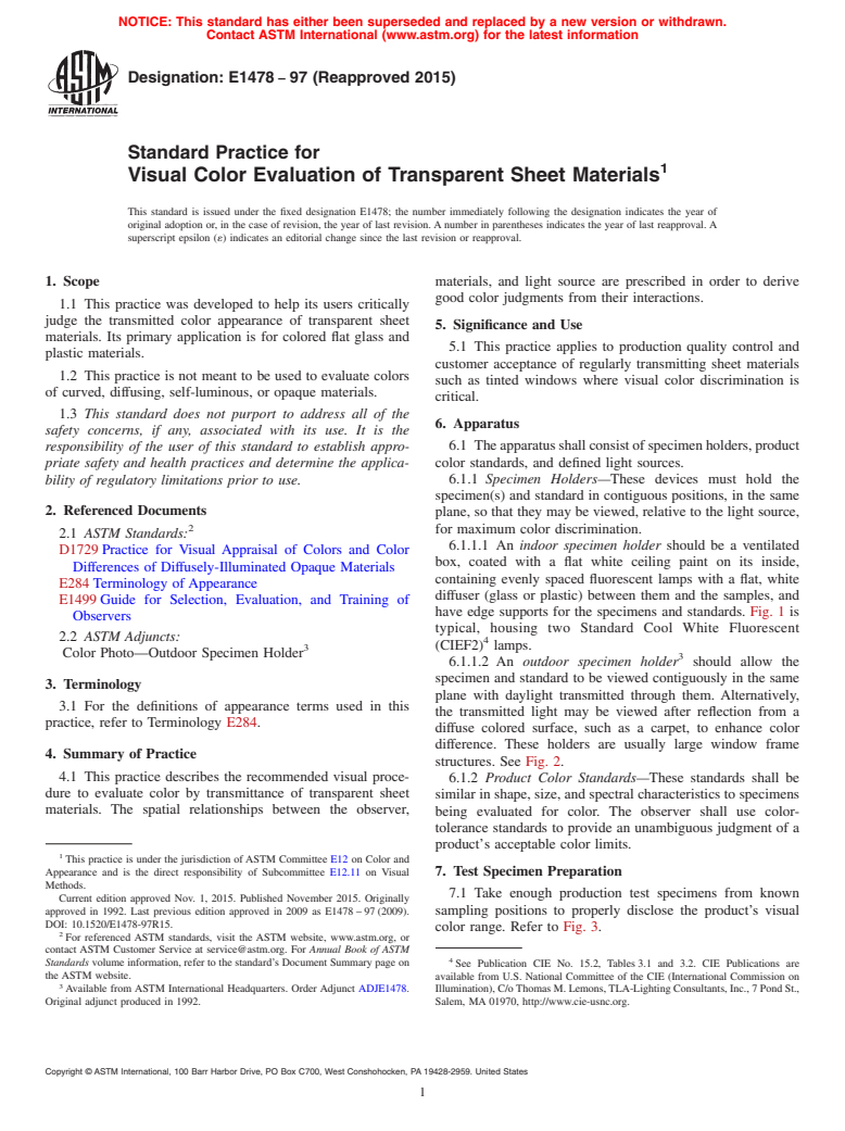 ASTM E1478-97(2015) - Standard Practice for Visual Color Evaluation of Transparent Sheet Materials (Withdrawn 2022)