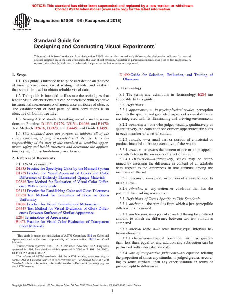 ASTM E1808-96(2015) - Standard Guide for Designing and Conducting Visual Experiments