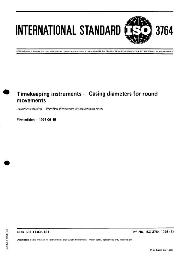 ISO 3764:1976 - Timekeeping instruments -- Casing diameters for round movements
