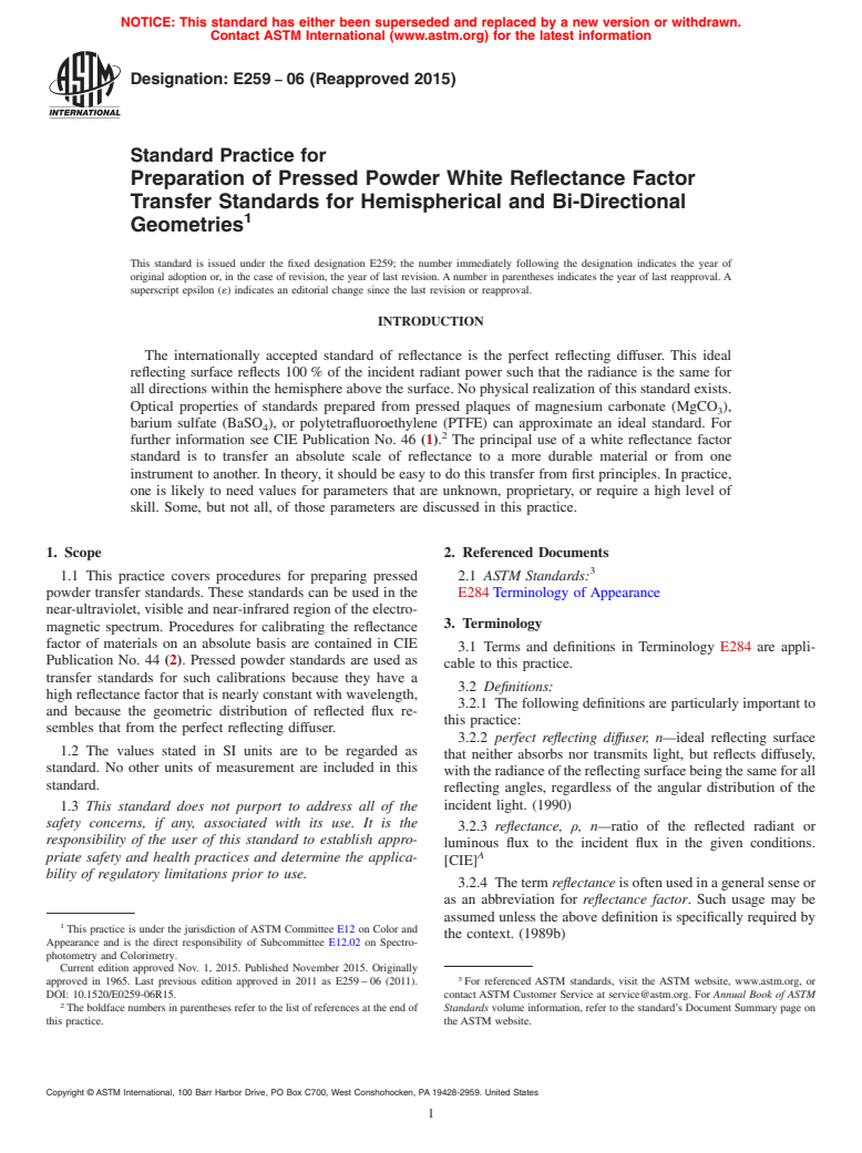 ASTM E259-06(2015) - Standard Practice for Preparation of Pressed Powder White Reflectance Factor Transfer  Standards  for Hemispherical and Bi-Directional Geometries (Withdrawn 2024)