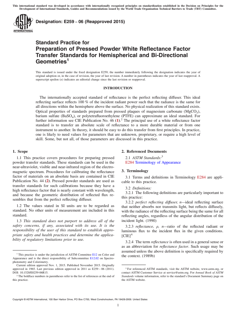 ASTM E259-06(2015) - Standard Practice for Preparation of Pressed Powder White Reflectance Factor Transfer  Standards  for Hemispherical and Bi-Directional Geometries