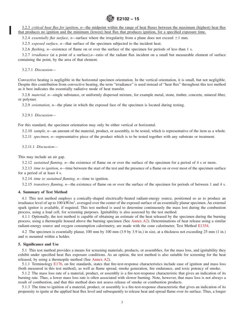 REDLINE ASTM E2102-15 - Standard Test Method for  Measurement of Mass Loss and Ignitability for Screening Purposes  Using a Conical Radiant Heater