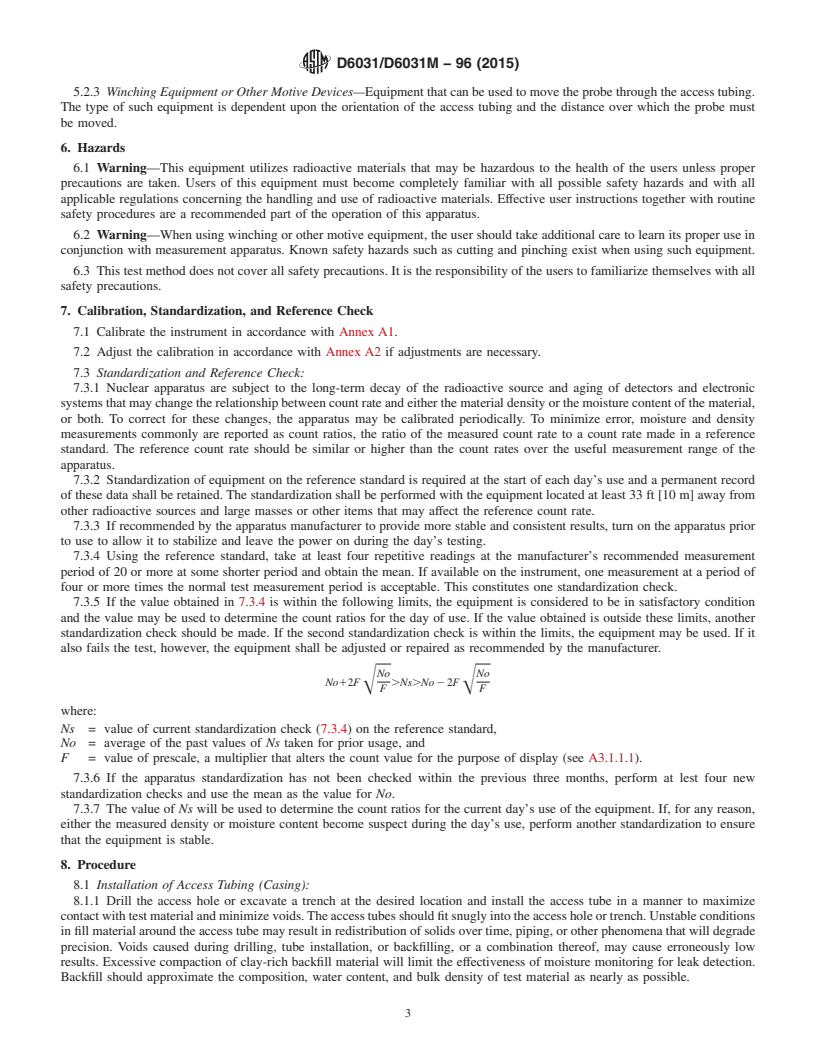 REDLINE ASTM D6031/D6031M-96(2015) - Standard Test Method for Logging In Situ Moisture Content and Density of Soil and Rock   by the Nuclear Method in Horizontal, Slanted, and Vertical Access   Tubes