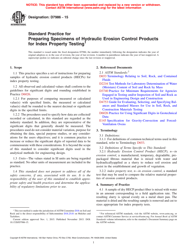 ASTM D7986-15 - Standard Practice for Preparing Specimens of Hydraulic Erosion Control Products for  Index Property Testing