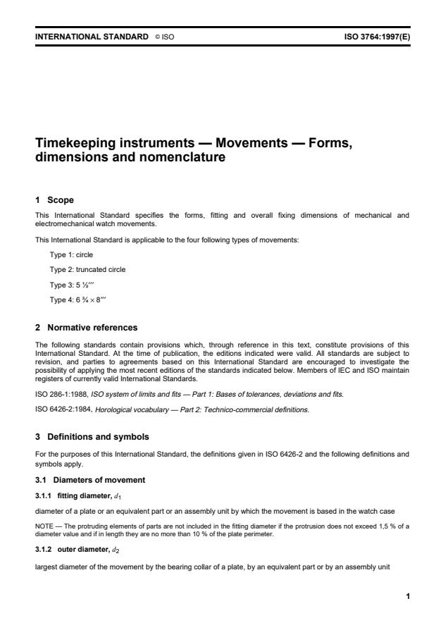 ISO 3764:1997 - Timekeeping instruments -- Movements -- Forms, dimensions and nomenclature