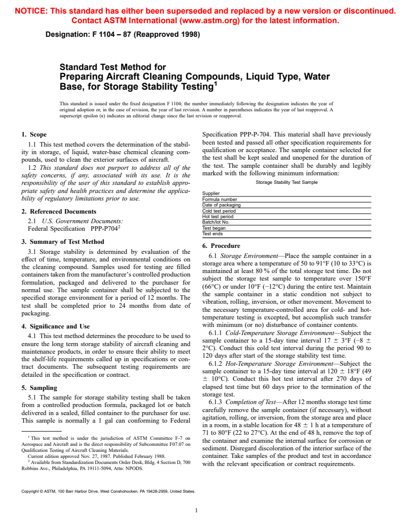 ASTM F1104-87(1998) - Standard Test Method for Preparing Aircraft Cleaning Compounds, Liquid Type, Water Base, for Storage Stability Testing
