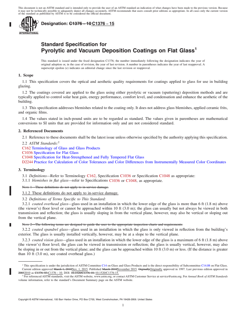REDLINE ASTM C1376-15 - Standard Specification for  Pyrolytic and Vacuum Deposition Coatings on Flat Glass