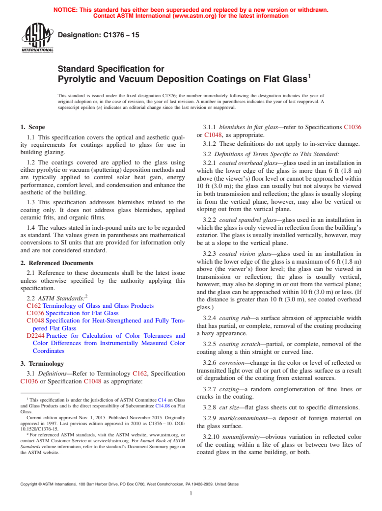 ASTM C1376-15 - Standard Specification for  Pyrolytic and Vacuum Deposition Coatings on Flat Glass