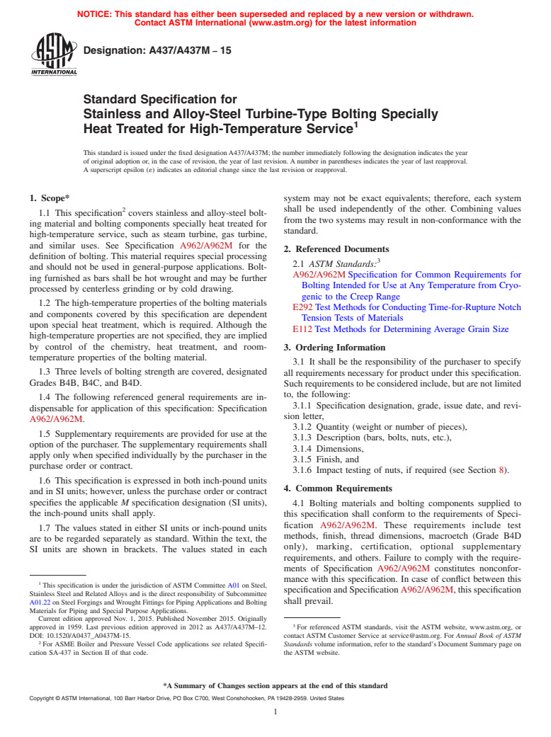 ASTM A437/A437M-15 - Standard Specification for  Stainless and Alloy-Steel Turbine-Type Bolting Specially Heat  Treated for High-Temperature Service