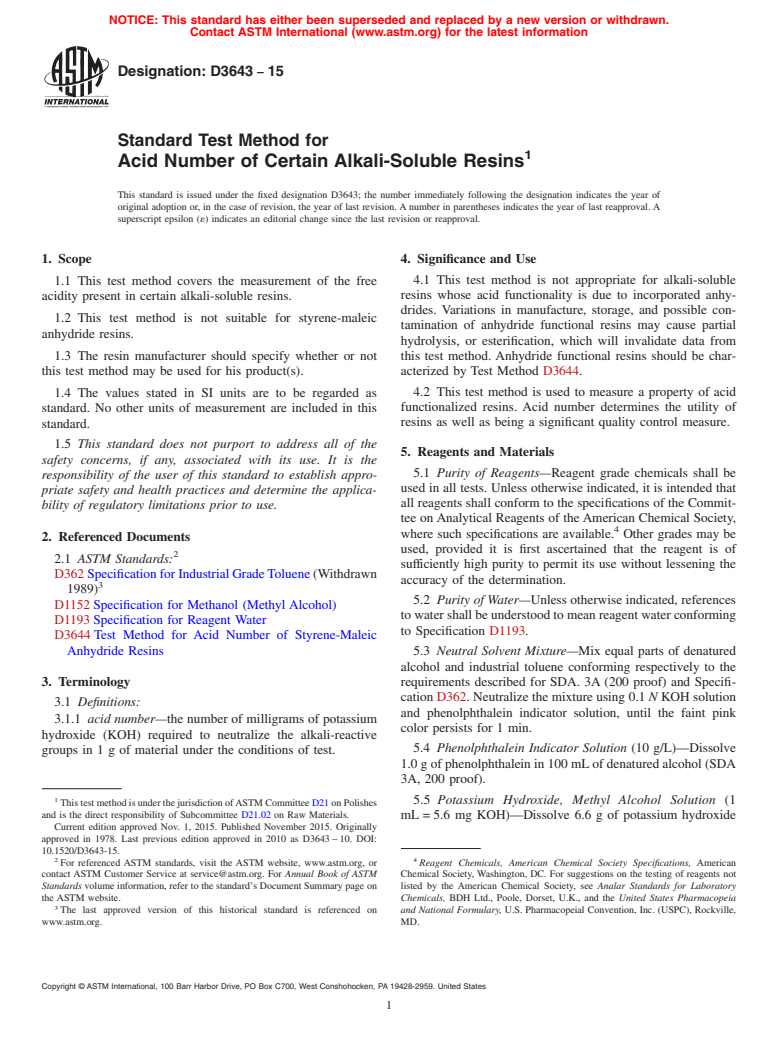 ASTM D3643-15 - Standard Test Method for  Acid Number of Certain Alkali-Soluble Resins