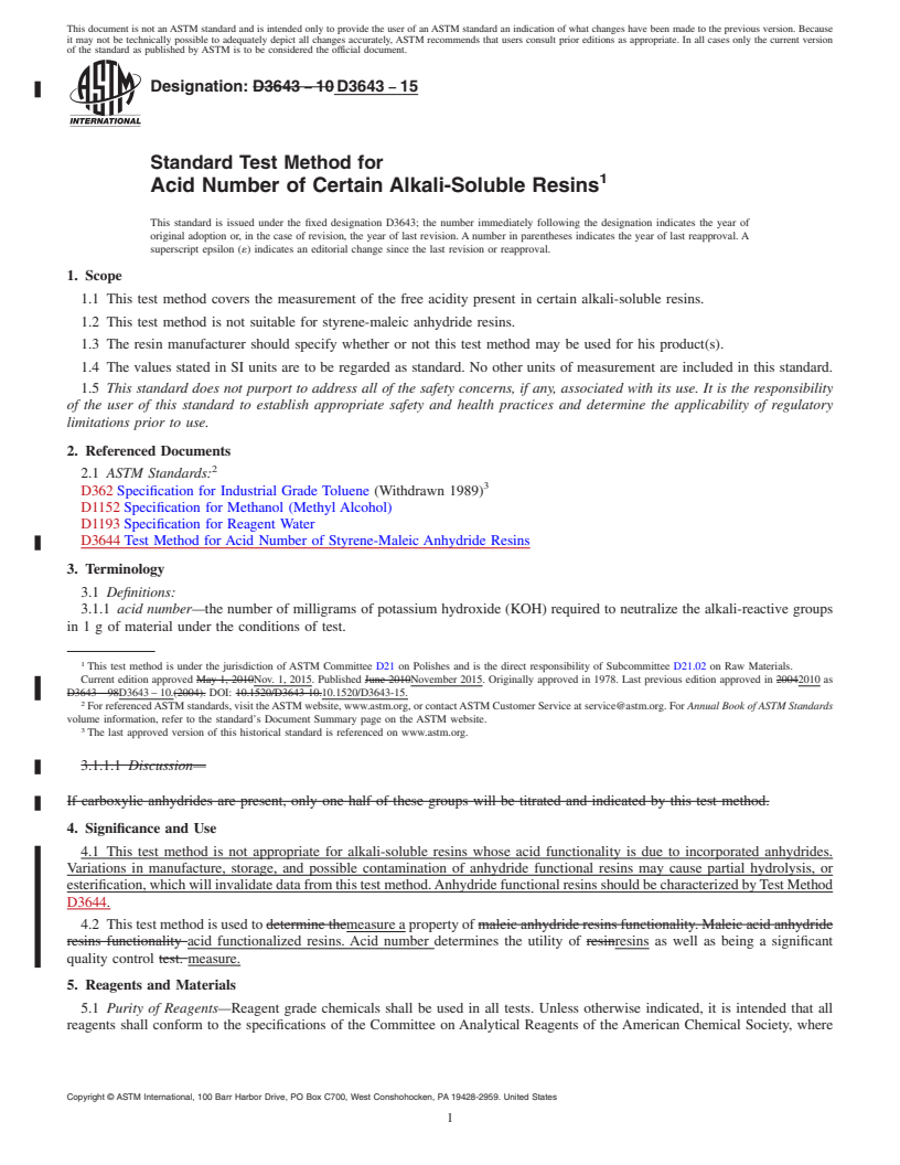 REDLINE ASTM D3643-15 - Standard Test Method for  Acid Number of Certain Alkali-Soluble Resins