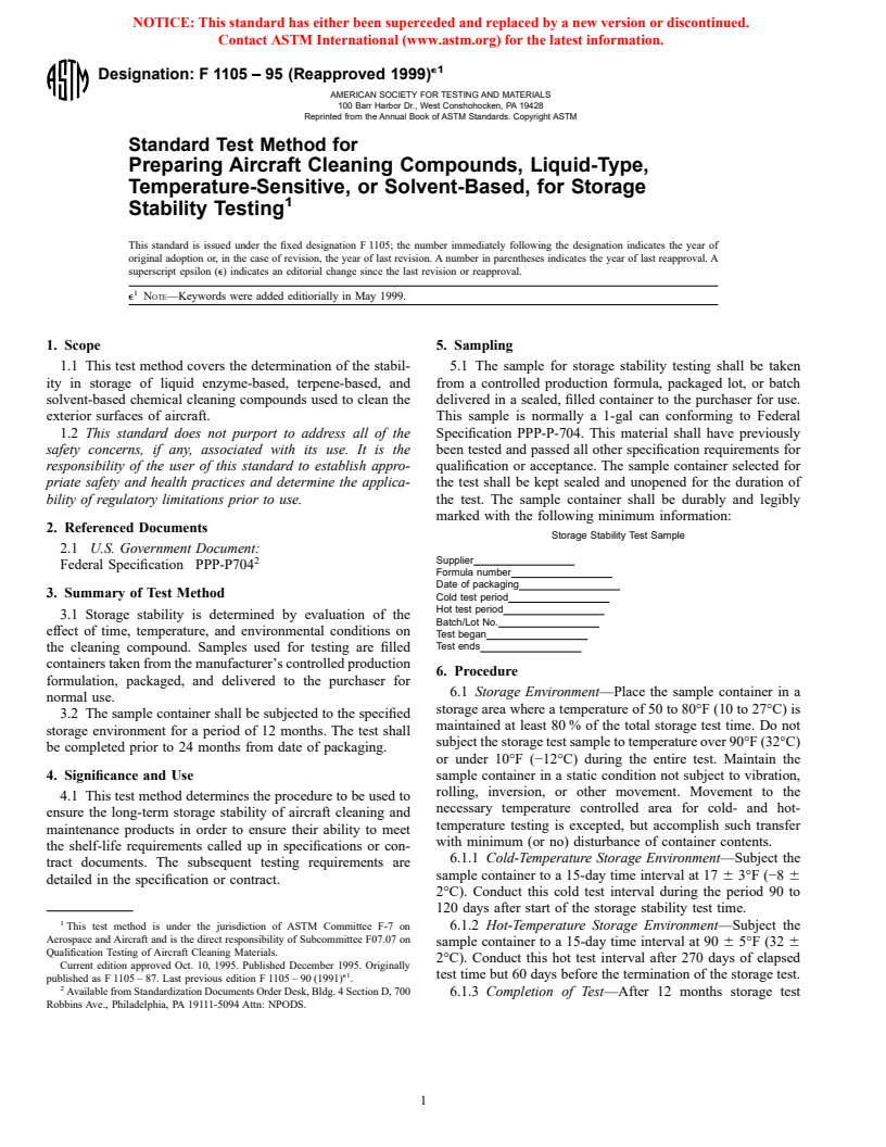 ASTM F1105-95(1999)e1 - Standard Test Method for Preparing Aircraft Cleaning Compounds, Liquid-Type, Temperature-Sensitive, or Solvent-Based, for Storage Stability Testing