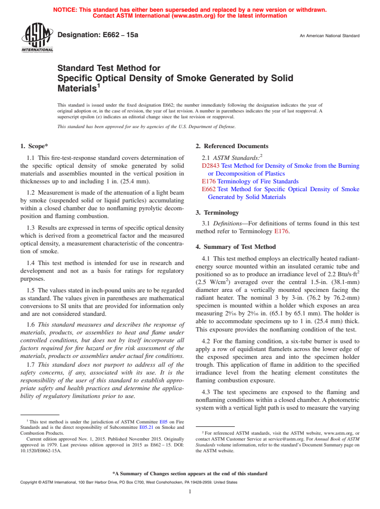 ASTM E662-15a - Standard Test Method for  Specific Optical Density of Smoke Generated by Solid Materials