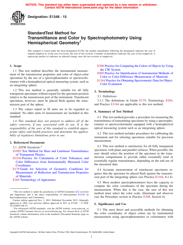 ASTM E1348-15 - Standard Test Method for Transmittance and Color by Spectrophotometry Using Hemispherical   Geometry