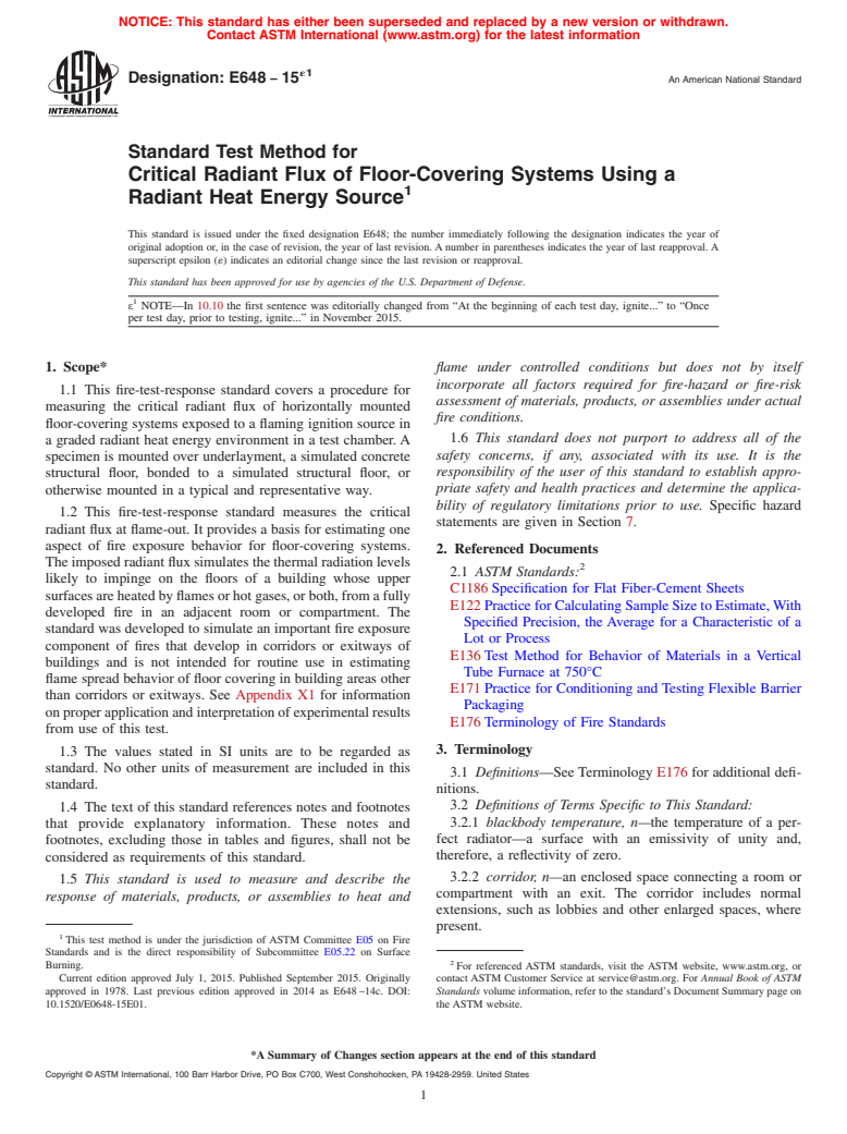 ASTM E648-15e1 - Standard Test Method for  Critical Radiant Flux of Floor-Covering Systems Using a Radiant  Heat Energy Source