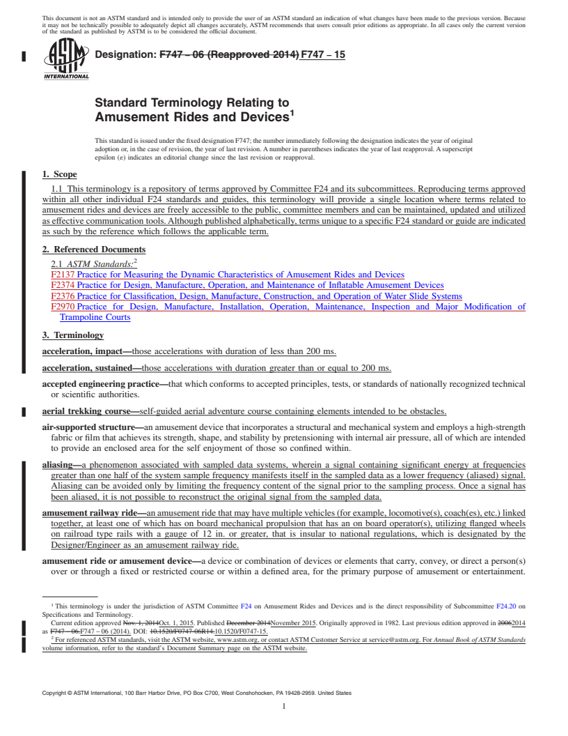 REDLINE ASTM F747-15 - Standard Terminology Relating to Amusement Rides and Devices