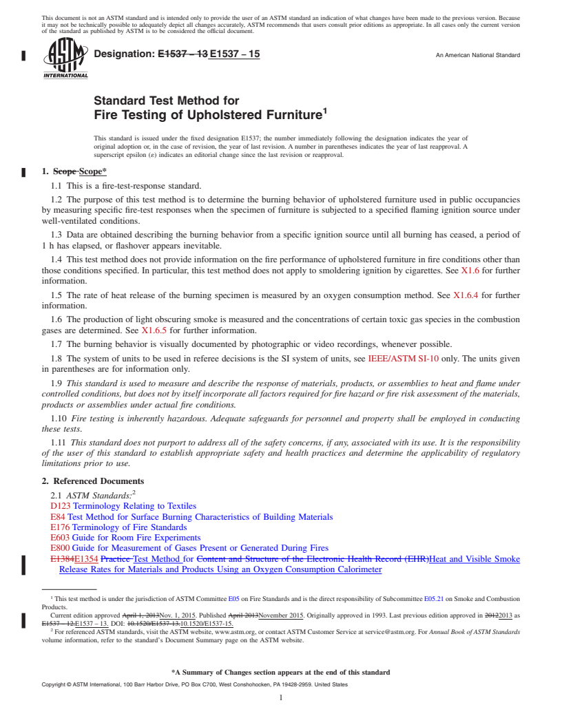 REDLINE ASTM E1537-15 - Standard Test Method for  Fire Testing of Upholstered Furniture