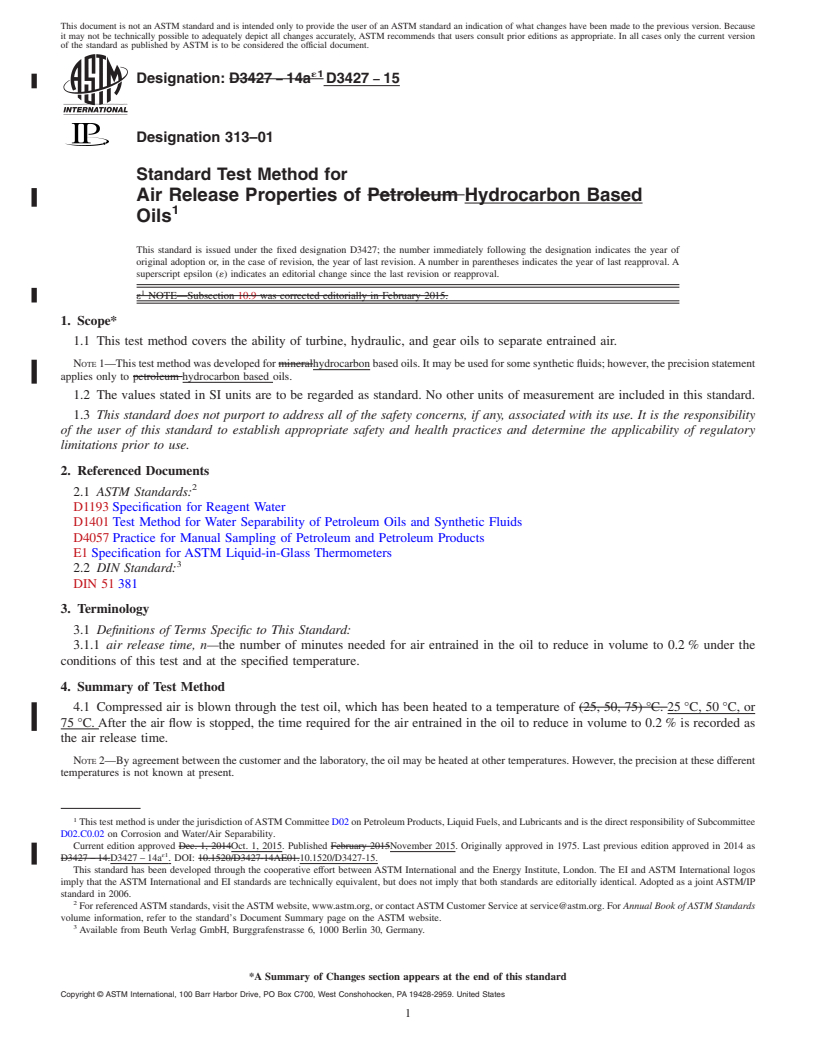 REDLINE ASTM D3427-15 - Standard Test Method for Air Release Properties of Hydrocarbon Based Oils