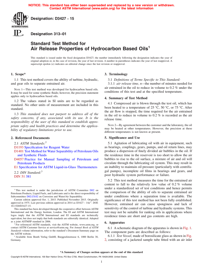 ASTM D3427-15 - Standard Test Method for Air Release Properties of Hydrocarbon Based Oils