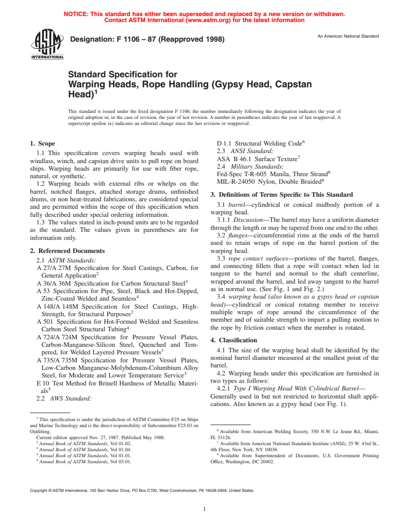 ASTM F1106-87(1998) - Standard Specification for Warping Heads, Rope Handling (Gypsy Head, Capstan Head)