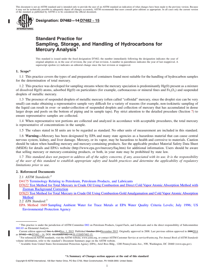 REDLINE ASTM D7482-15 - Standard Practice for  Sampling, Storage, and Handling of Hydrocarbons for Mercury  Analysis
