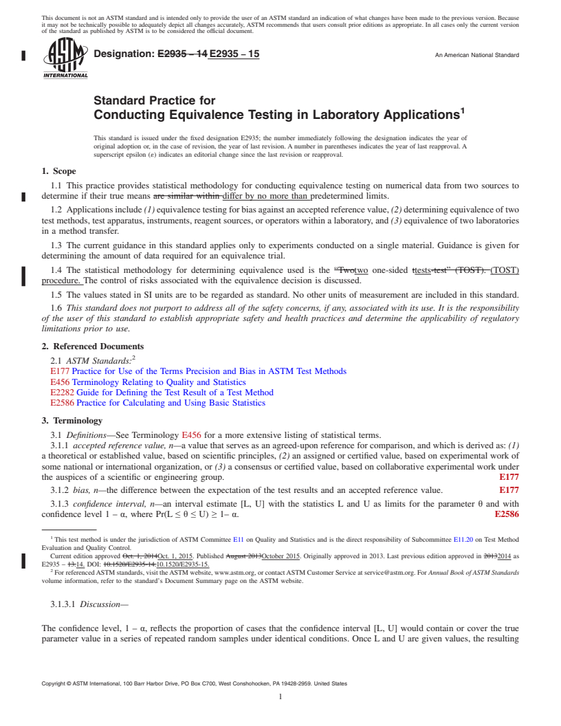 REDLINE ASTM E2935-15 - Standard Practice for Conducting Equivalence Testing in Laboratory Applications