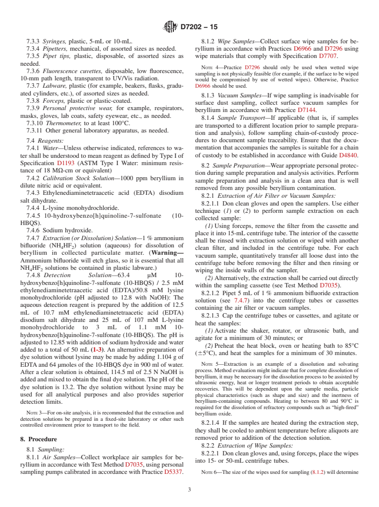 ASTM D7202-15 - Standard Test Method for  Determination of Beryllium in the Workplace by Extraction and  Optical Fluorescence Detection