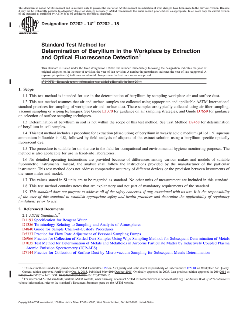 REDLINE ASTM D7202-15 - Standard Test Method for  Determination of Beryllium in the Workplace by Extraction and  Optical Fluorescence Detection