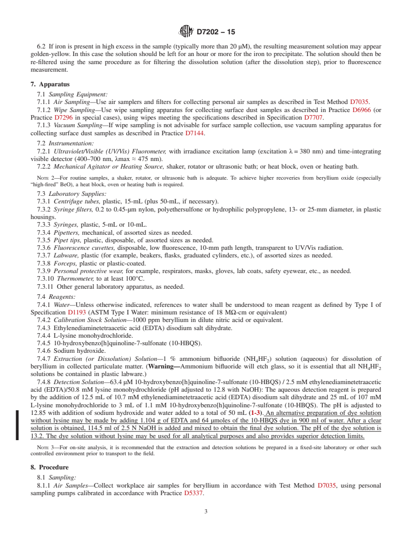 REDLINE ASTM D7202-15 - Standard Test Method for  Determination of Beryllium in the Workplace by Extraction and  Optical Fluorescence Detection