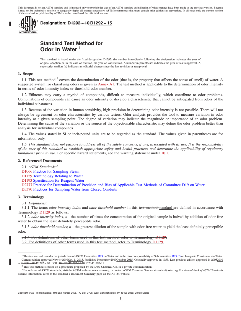 REDLINE ASTM D1292-15 - Standard Test Method for  Odor in Water&#x2009;