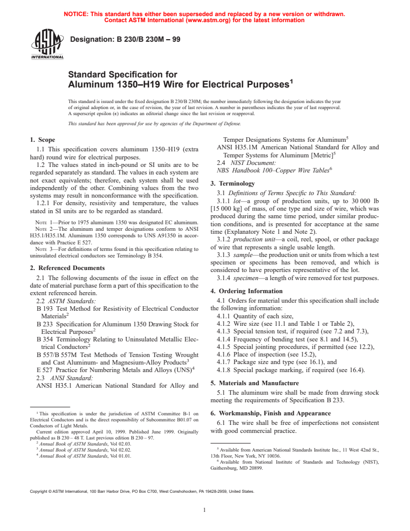 ASTM B230/B230M-99 - Standard Specification for Aluminum 1350-H19 Wire for Electrical Purposes