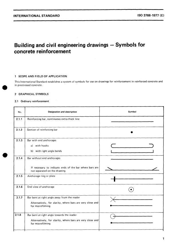 ISO 3766:1977 - Building and civil engineering drawings -- Symbols for concrete reinforcement