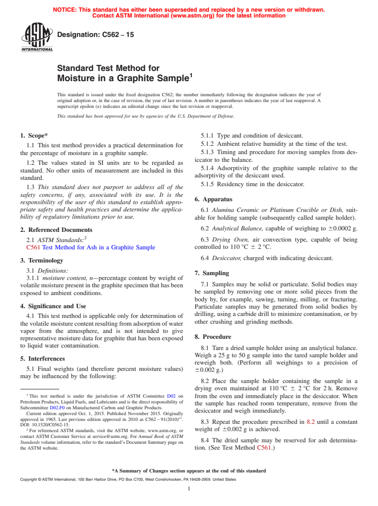 ASTM C562-15 - Standard Test Method for  Moisture in a Graphite Sample