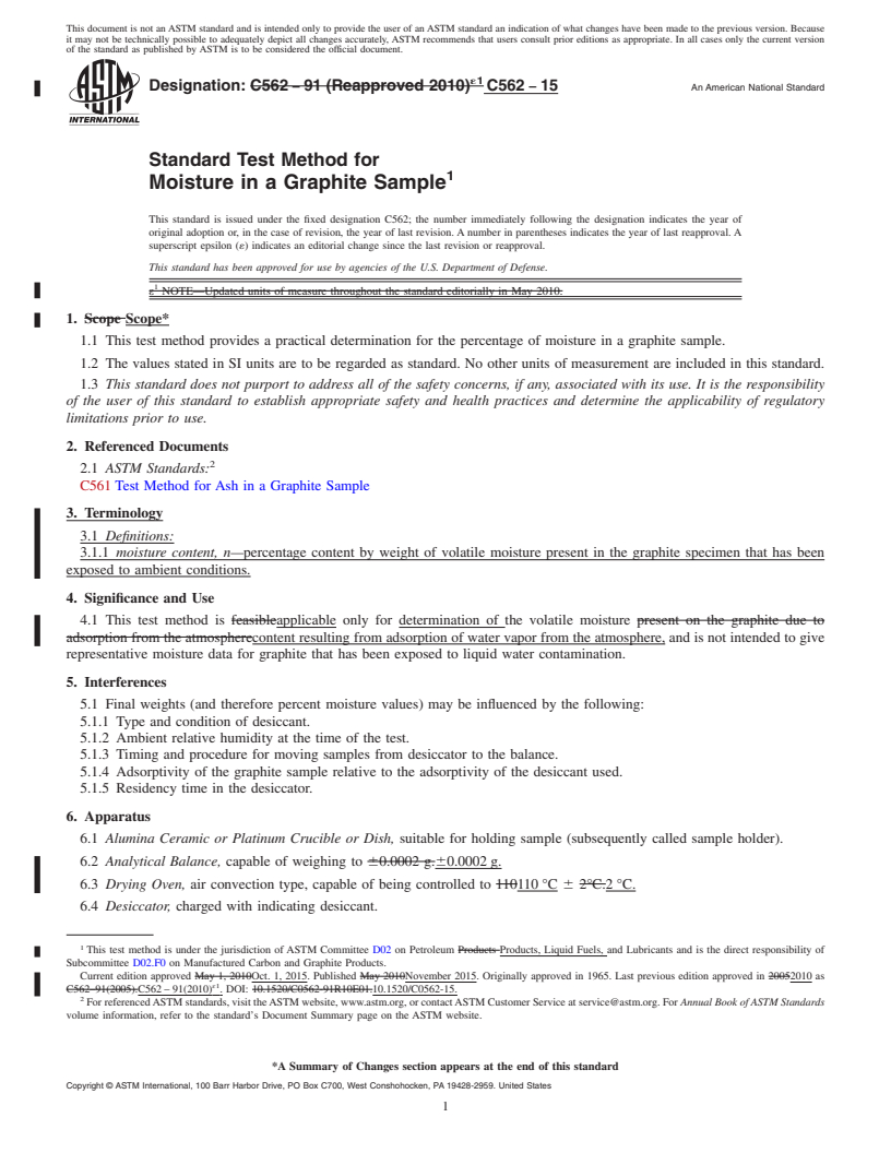 REDLINE ASTM C562-15 - Standard Test Method for  Moisture in a Graphite Sample