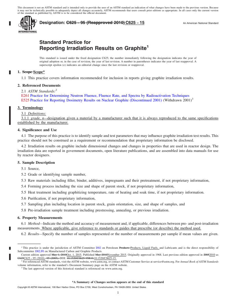 REDLINE ASTM C625-15 - Standard Practice for  Reporting Irradiation Results on Graphite