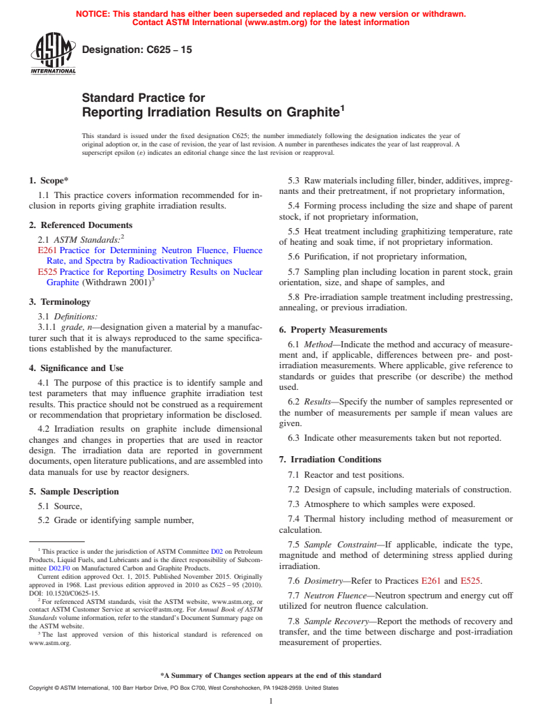 ASTM C625-15 - Standard Practice for  Reporting Irradiation Results on Graphite