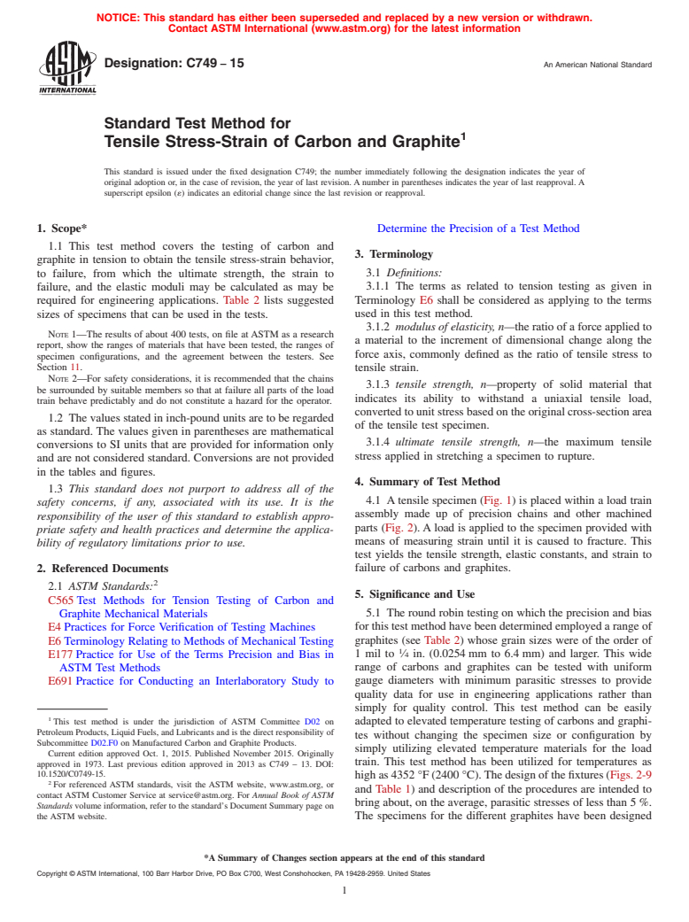 ASTM C749-15 - Standard Test Method for  Tensile Stress-Strain of Carbon and Graphite