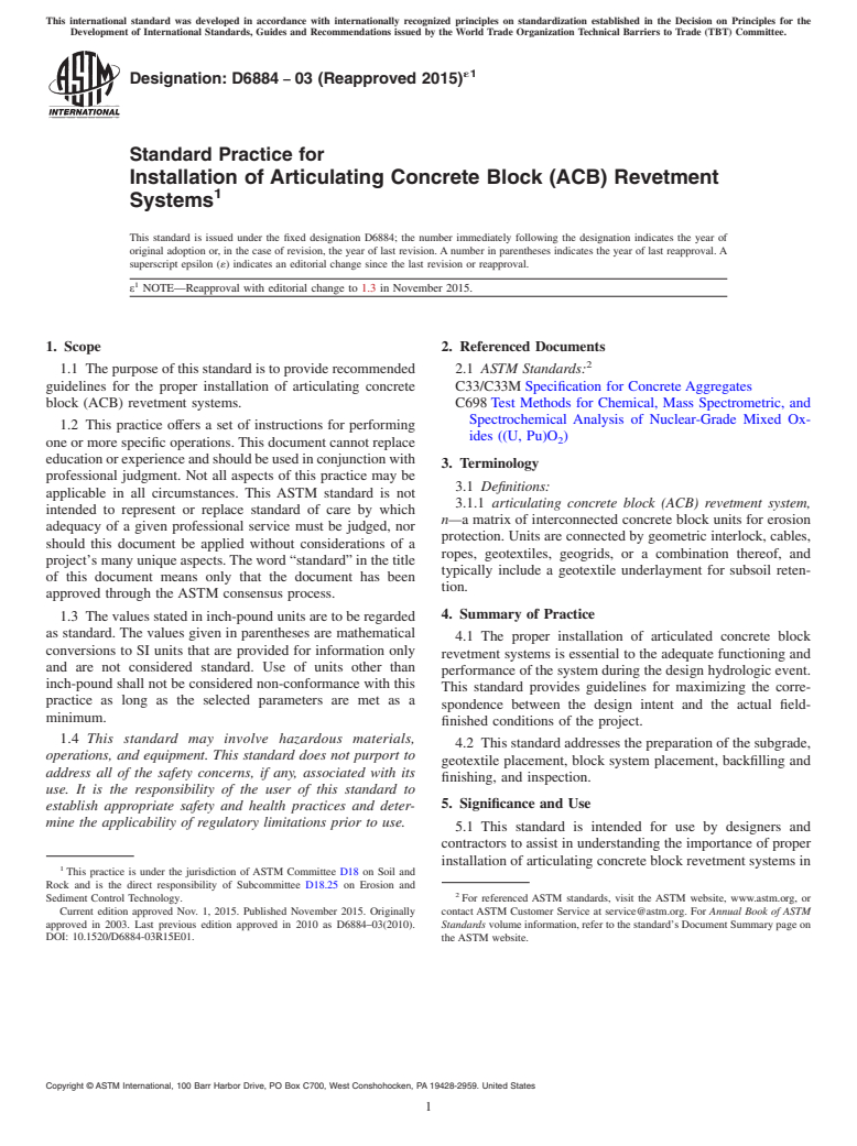 ASTM D6884-03(2015)e1 - Standard Practice for  Installation of Articulating Concrete Block (ACB) Revetment   Systems