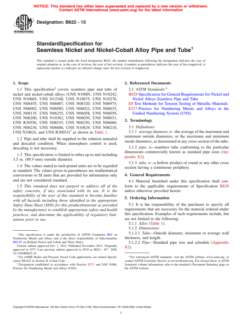 ASTM B622-15 - Standard Specification for Seamless Nickel and Nickel-Cobalt Alloy Pipe and Tube