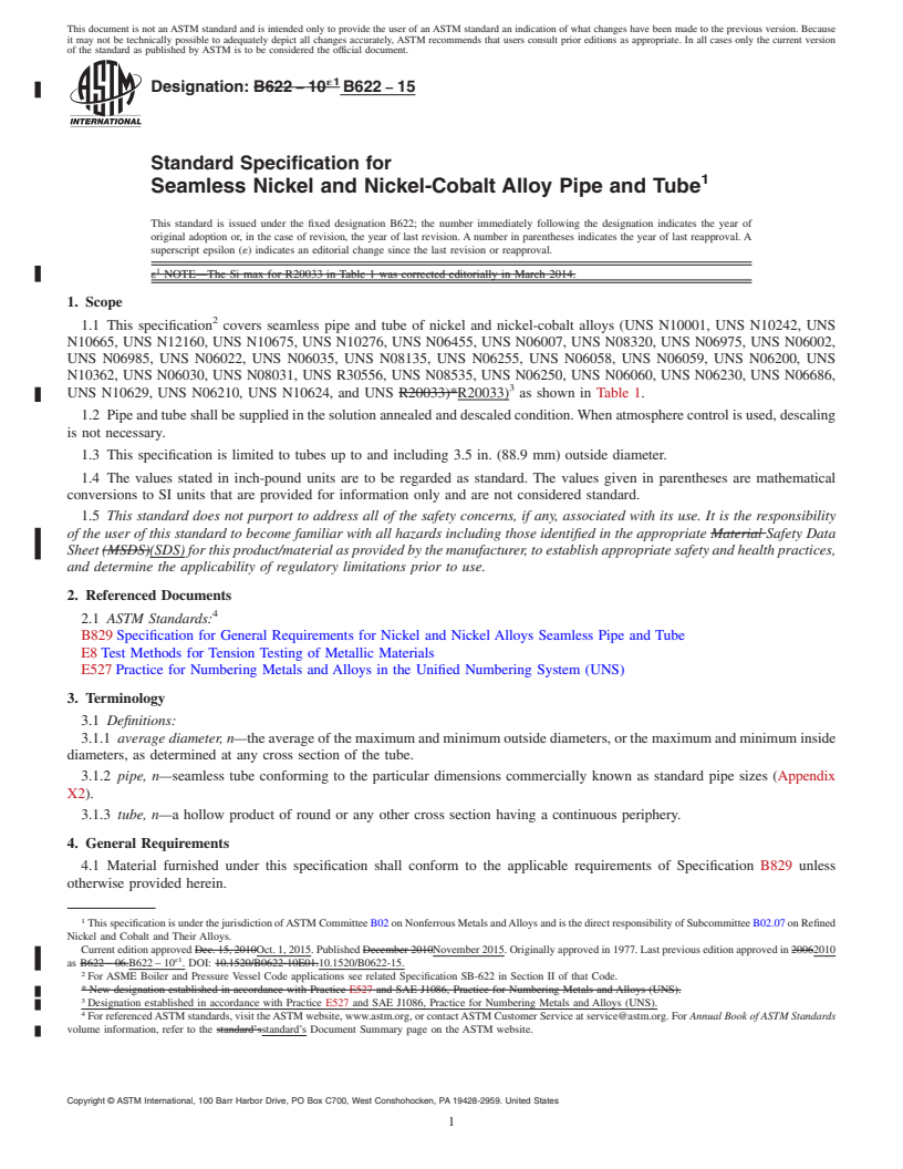 REDLINE ASTM B622-15 - Standard Specification for Seamless Nickel and Nickel-Cobalt Alloy Pipe and Tube