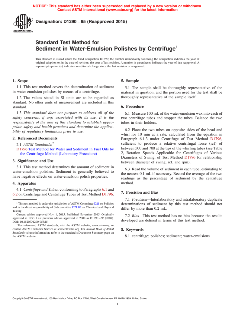 ASTM D1290-95(2015) - Standard Test Method for  Sediment in Water-Emulsion Polishes by Centrifuge